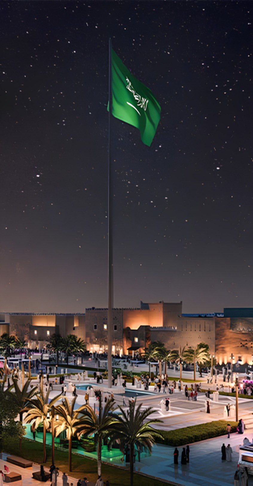 Saudi flag flying over a historic square at night